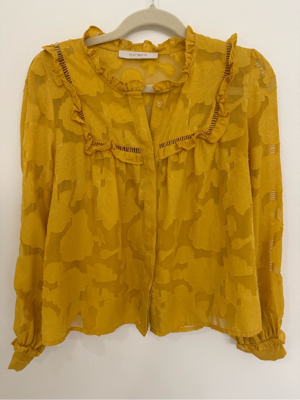 Anthropologie Flate White Women's Mustard Ruffle Blouse women Size medium